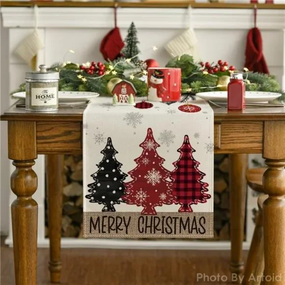 Red Pine Trees Merry Christmas Table Runner, Winter Xmas Holiday - Picture 7 of 8